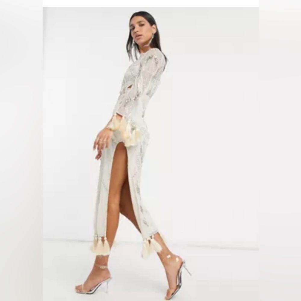 ASOS beaded maxi dress with cutout & tassels